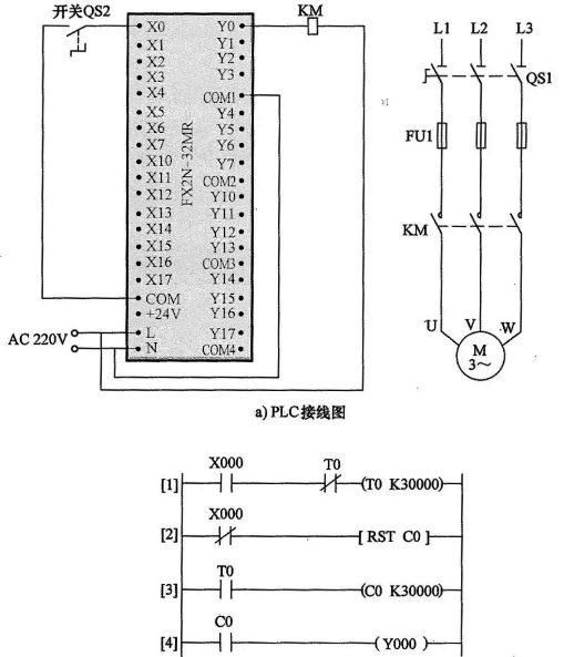 定時(shí)器與計(jì)時(shí)器組合延長定時(shí)控制的PLC線路與梯形圖