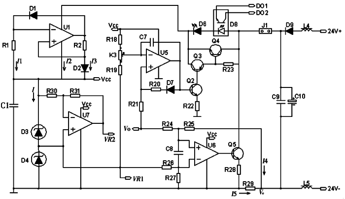 多路溫度遠傳監測儀電源、V/I轉換和報警電路