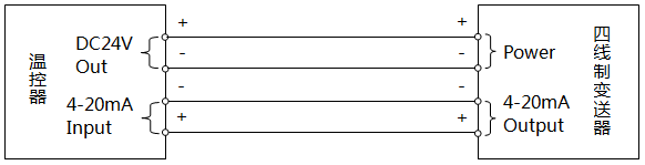 溫控器與四線制變送器接線示意圖(溫控器供電) 溫控器與四線制變送器接線示意圖(溫控器供電)