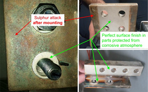 因?yàn)橐坏┞菟ňo固到位，實(shí)際上銅排與端子的搭接面上無硫化氧化痕跡