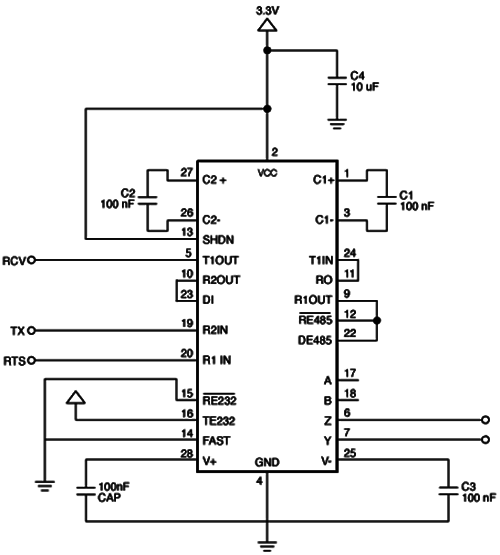 MAX3162在多節點應用中雙向轉換RS232和RS485信號 MAX3162在多節點應用中雙向轉換RS232和RS485信號