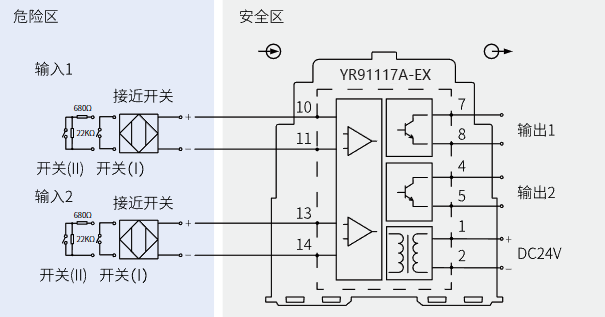 二入二出開關量安全柵(晶閘管輸出)接線圖