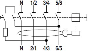 對于N極在左側的4P漏電保護開關,測試按鈕回路是串聯(lián)在3/4-4/3和5/6-6/5兩極 對于N極在左側的4P漏電保護開關,測試按鈕回路是串聯(lián)在3/4-4/3和5/6-6/5兩極